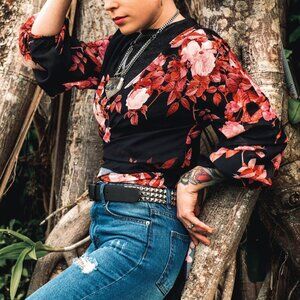 Sheer Black and Pink Floral Wrap Top